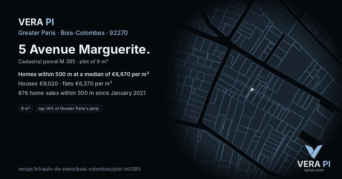 5 Avenue Marguerite, Bois-Colombes at night – the plot lit, the parcels around coloured by the prices near them