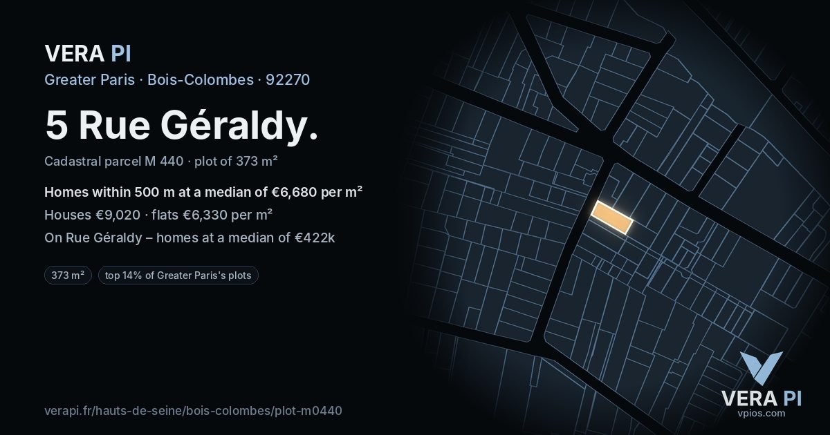 5 Rue Géraldy, Bois-Colombes at night – the plot lit, the parcels around coloured by the prices near them