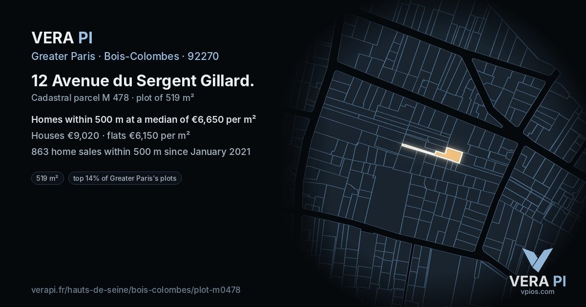 12 Avenue du Sergent Gillard, Bois-Colombes at night – the plot lit, the parcels around coloured by the prices near them