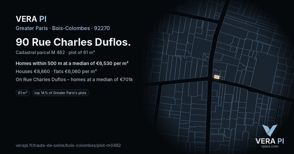 90 Rue Charles Duflos, Bois-Colombes at night – the plot lit, the parcels around coloured by the prices near them