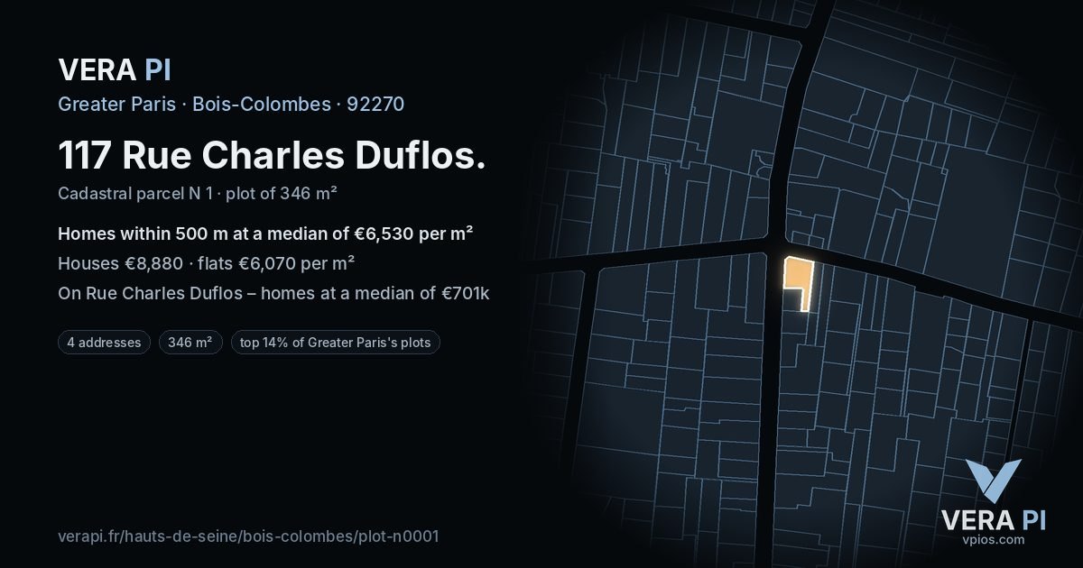 117 Rue Charles Duflos, Bois-Colombes at night – the plot lit, the parcels around coloured by the prices near them