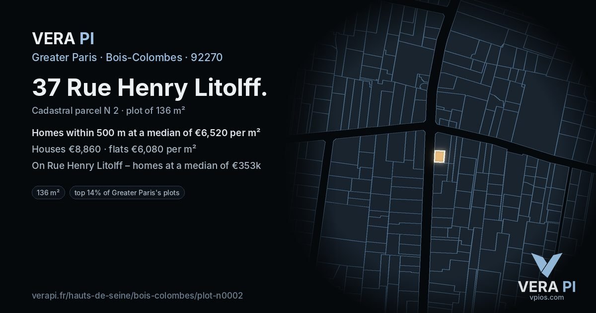 37 Rue Henry Litolff, Bois-Colombes at night – the plot lit, the parcels around coloured by the prices near them