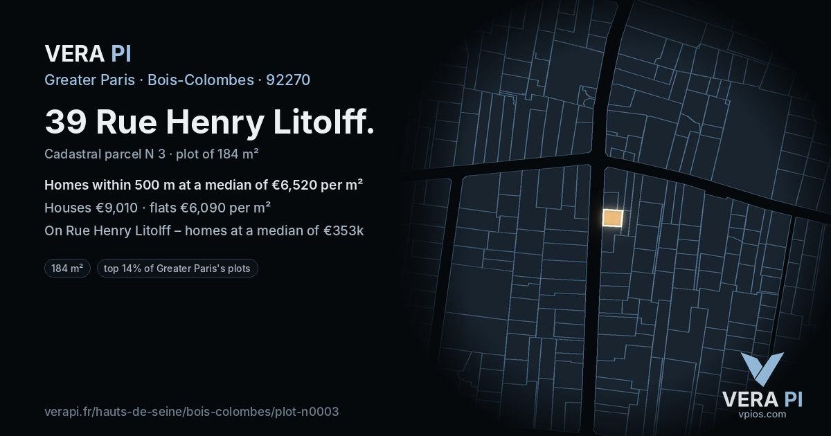 39 Rue Henry Litolff, Bois-Colombes at night – the plot lit, the parcels around coloured by the prices near them