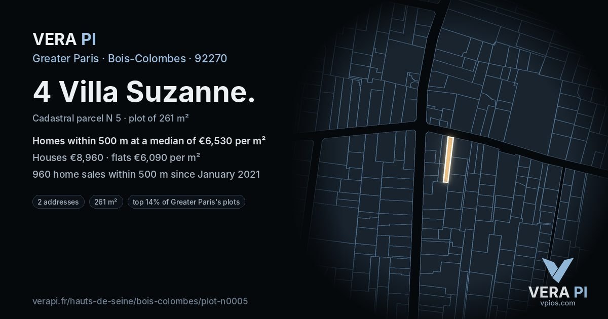 4 Villa Suzanne, Bois-Colombes at night – the plot lit, the parcels around coloured by the prices near them