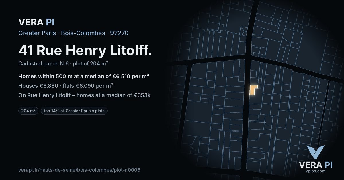 41 Rue Henry Litolff, Bois-Colombes at night – the plot lit, the parcels around coloured by the prices near them