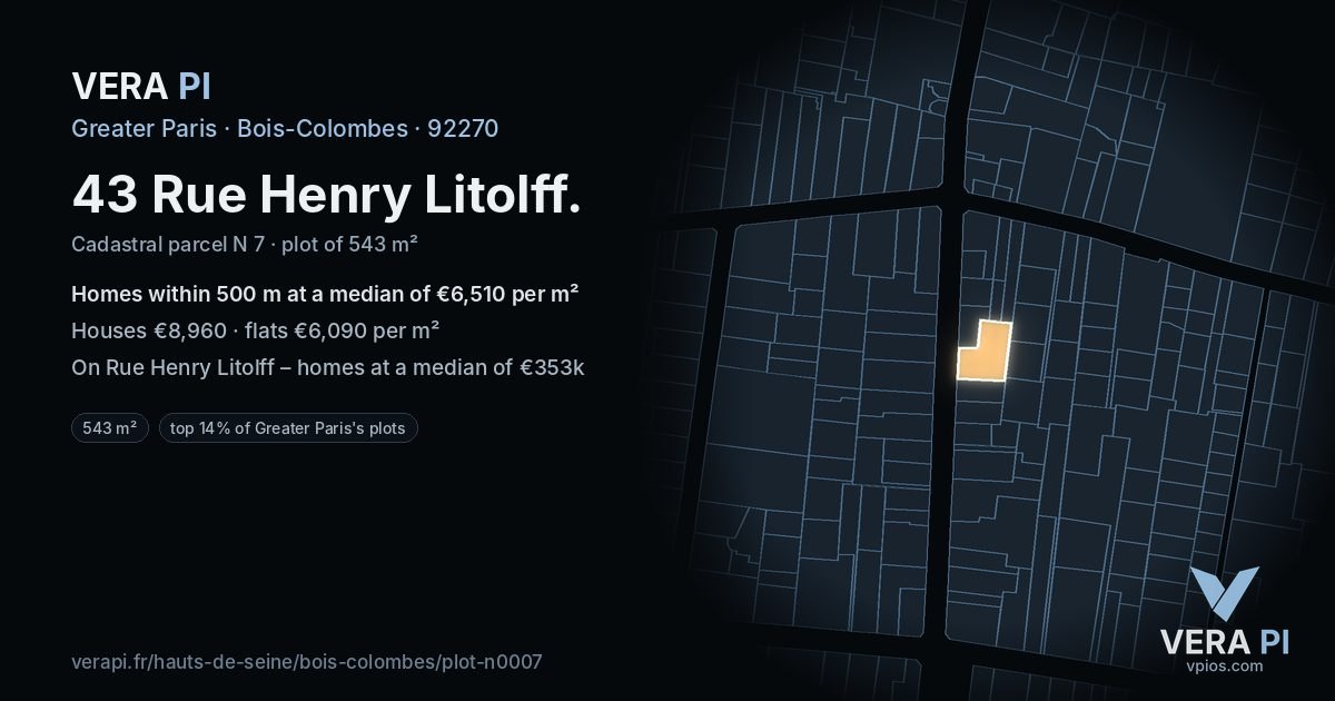 43 Rue Henry Litolff, Bois-Colombes at night – the plot lit, the parcels around coloured by the prices near them