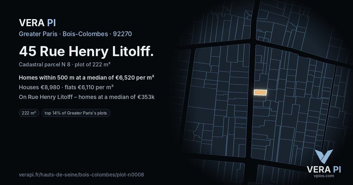 45 Rue Henry Litolff, Bois-Colombes at night – the plot lit, the parcels around coloured by the prices near them