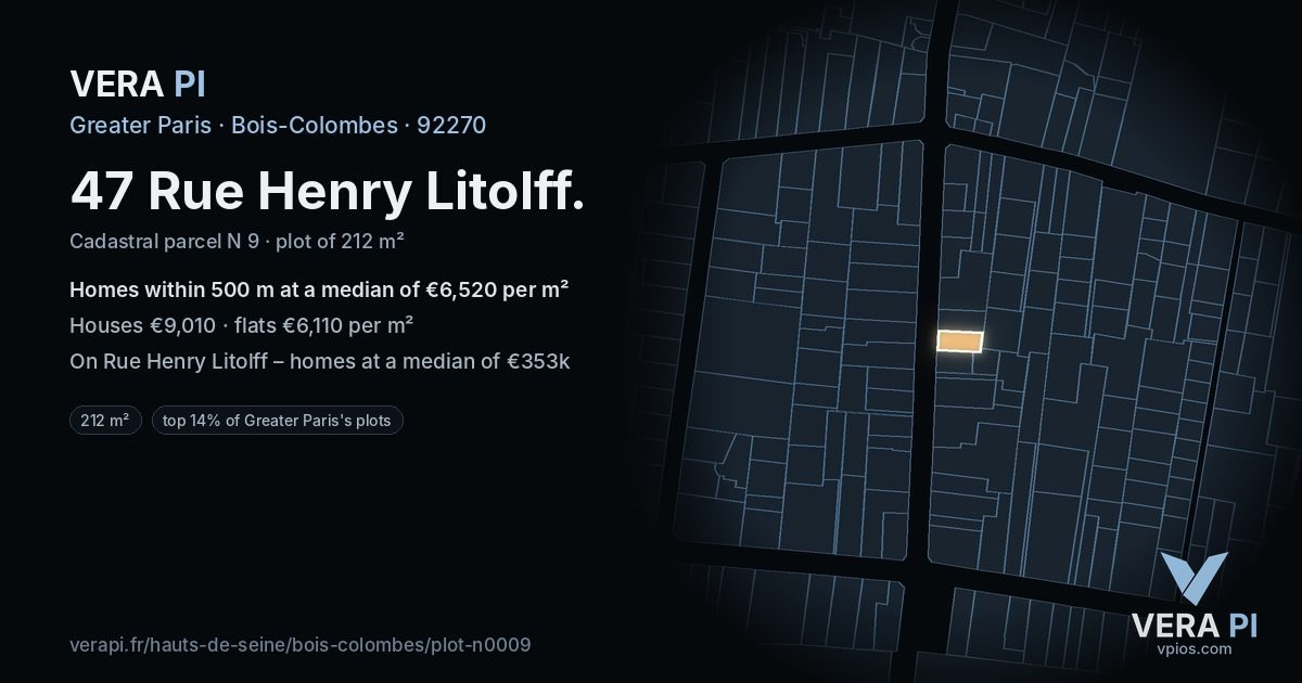 47 Rue Henry Litolff, Bois-Colombes at night – the plot lit, the parcels around coloured by the prices near them