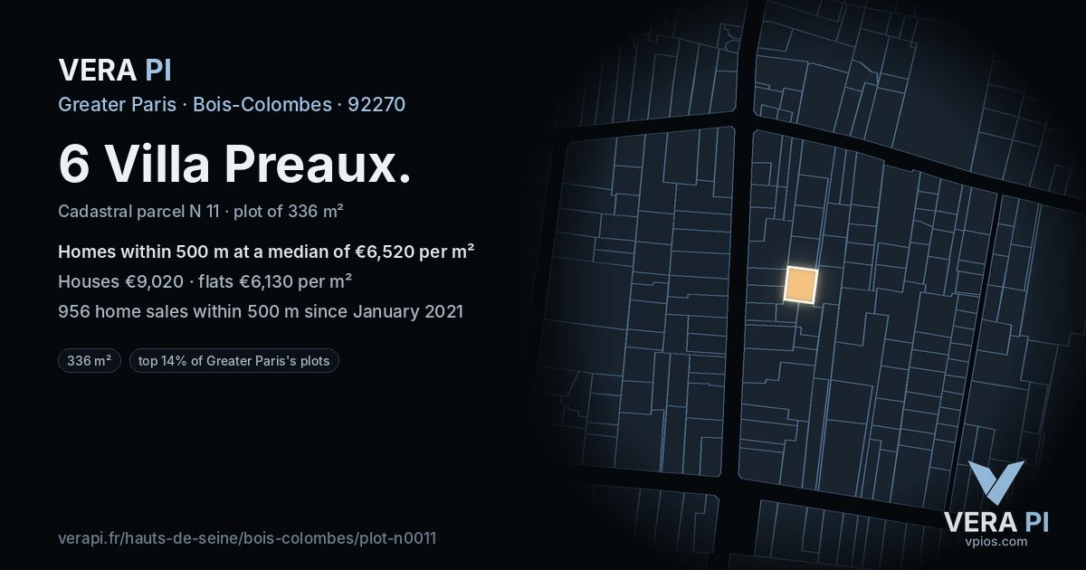 6 Villa Preaux, Bois-Colombes at night – the plot lit, the parcels around coloured by the prices near them