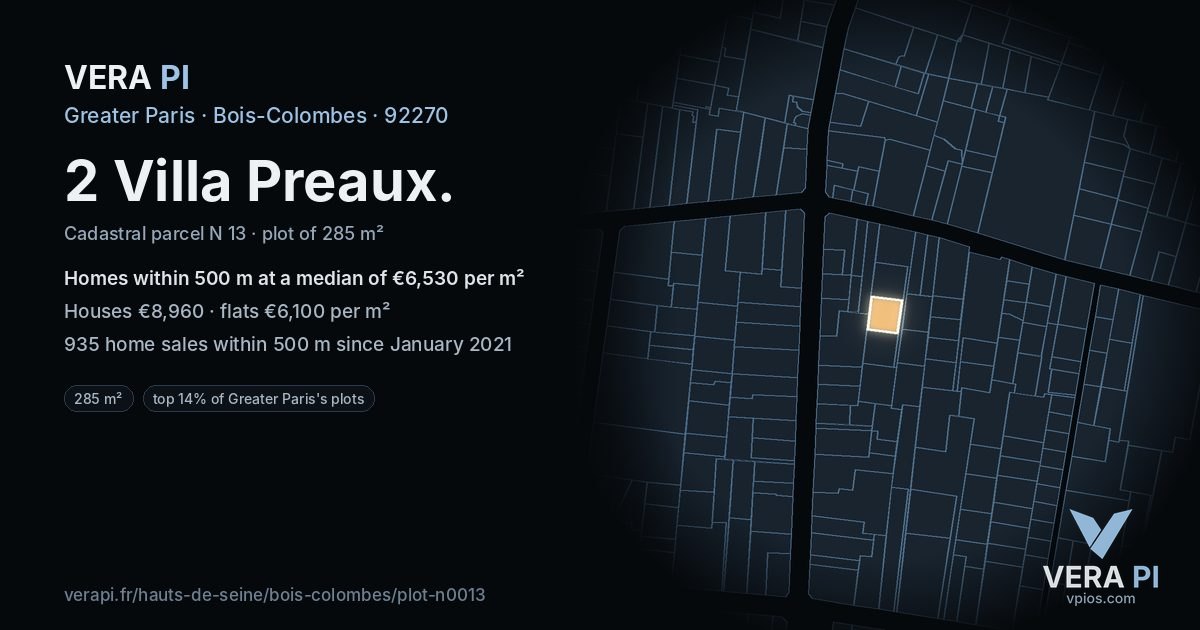 2 Villa Preaux, Bois-Colombes at night – the plot lit, the parcels around coloured by the prices near them