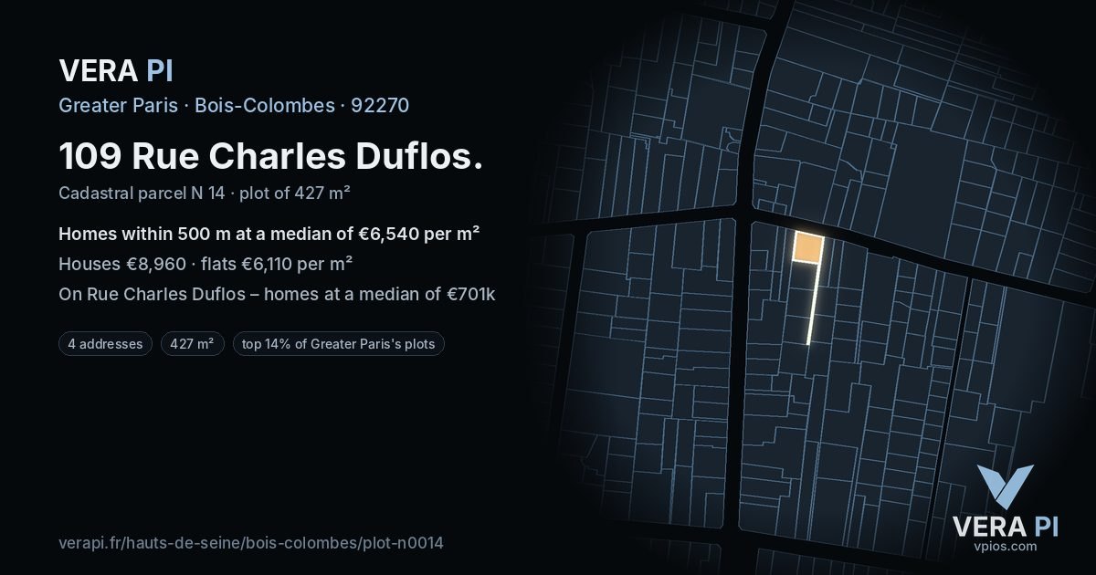 109 Rue Charles Duflos, Bois-Colombes at night – the plot lit, the parcels around coloured by the prices near them