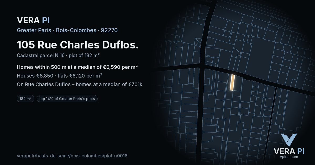 105 Rue Charles Duflos, Bois-Colombes at night – the plot lit, the parcels around coloured by the prices near them