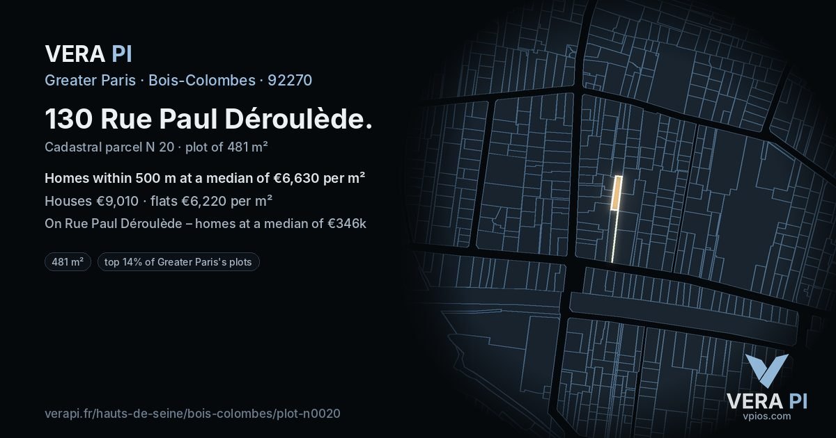 130 Rue Paul Déroulède, Bois-Colombes at night – the plot lit, the parcels around coloured by the prices near them