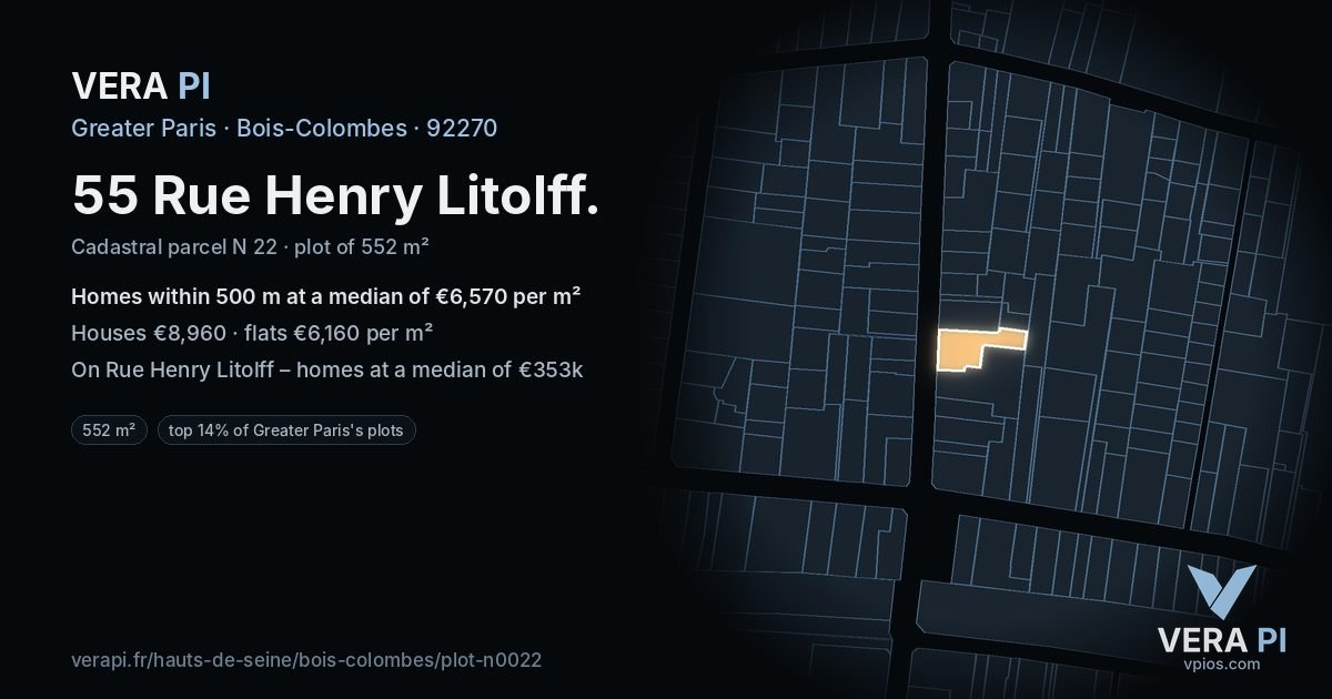 55 Rue Henry Litolff, Bois-Colombes at night – the plot lit, the parcels around coloured by the prices near them