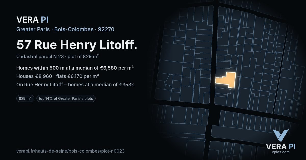 57 Rue Henry Litolff, Bois-Colombes at night – the plot lit, the parcels around coloured by the prices near them
