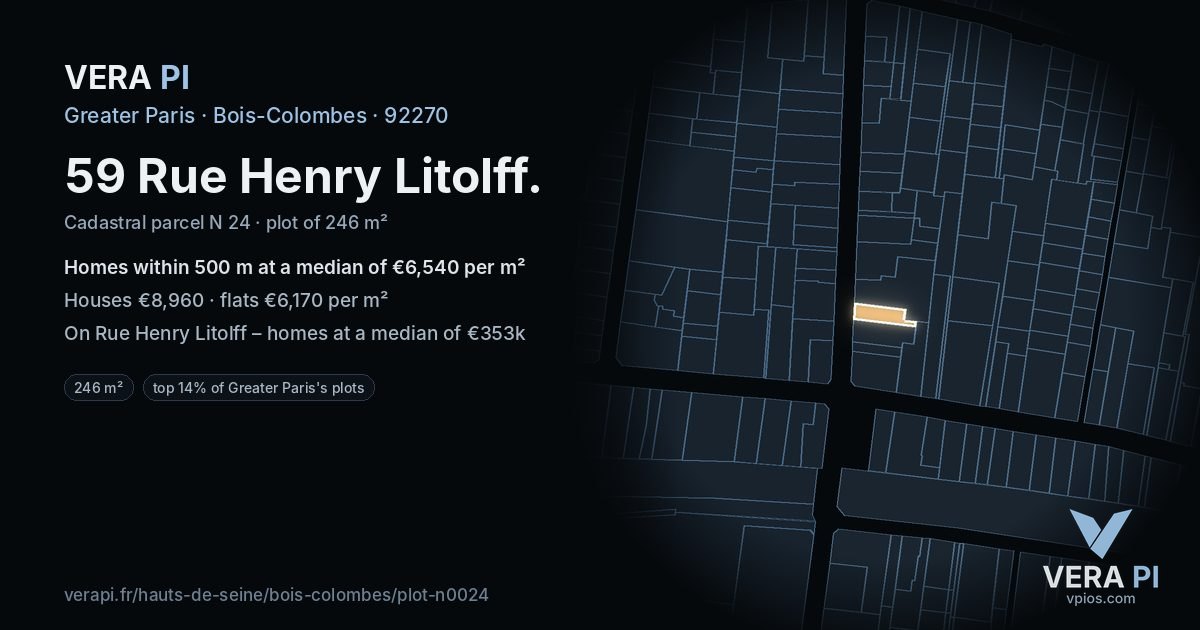 59 Rue Henry Litolff, Bois-Colombes at night – the plot lit, the parcels around coloured by the prices near them