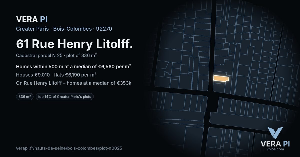 61 Rue Henry Litolff, Bois-Colombes at night – the plot lit, the parcels around coloured by the prices near them