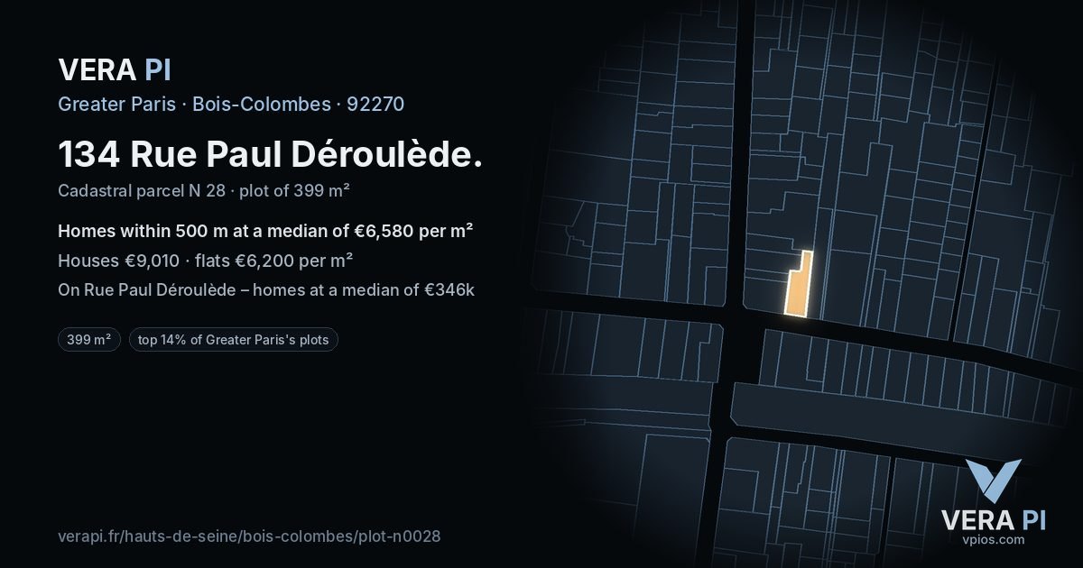 134 Rue Paul Déroulède, Bois-Colombes at night – the plot lit, the parcels around coloured by the prices near them