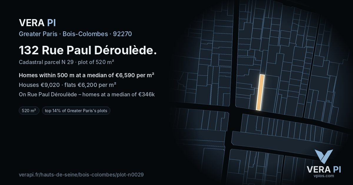 132 Rue Paul Déroulède, Bois-Colombes at night – the plot lit, the parcels around coloured by the prices near them