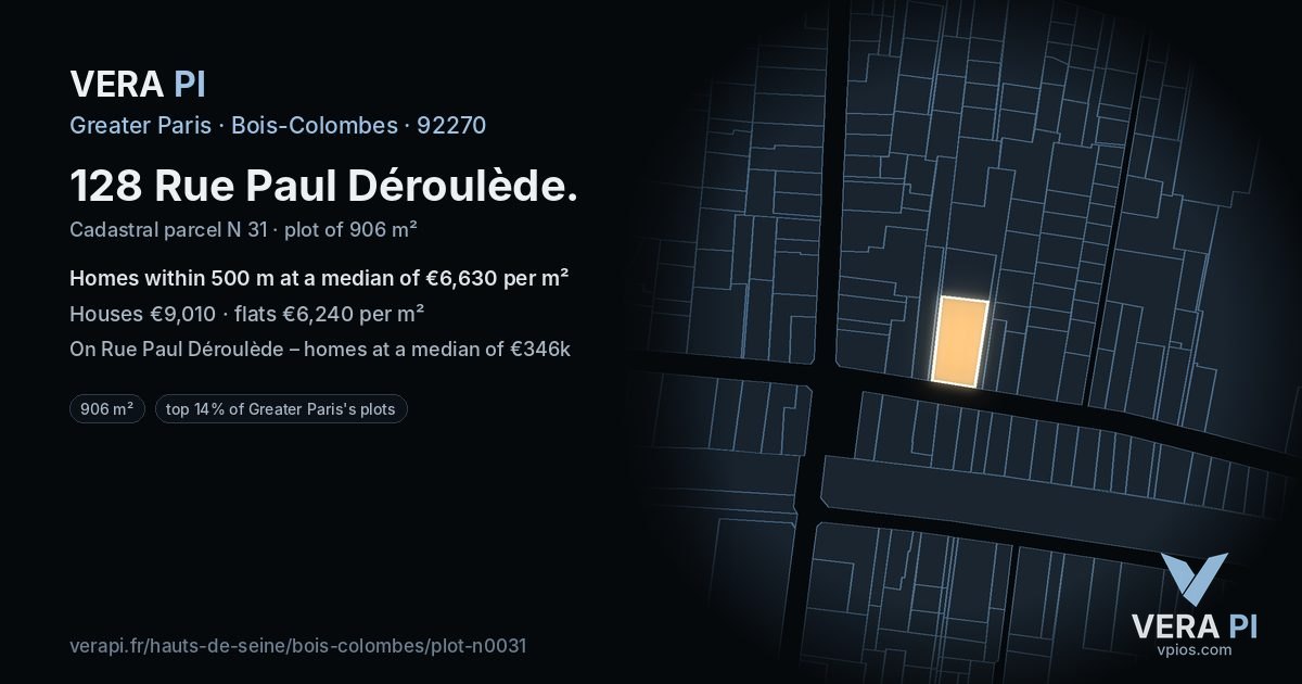 128 Rue Paul Déroulède, Bois-Colombes at night – the plot lit, the parcels around coloured by the prices near them