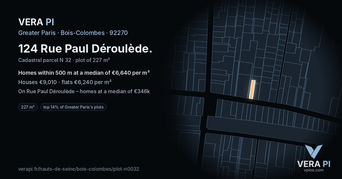 124 Rue Paul Déroulède, Bois-Colombes at night – the plot lit, the parcels around coloured by the prices near them