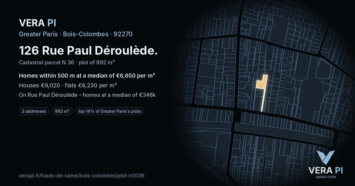 126 Rue Paul Déroulède, Bois-Colombes at night – the plot lit, the parcels around coloured by the prices near them