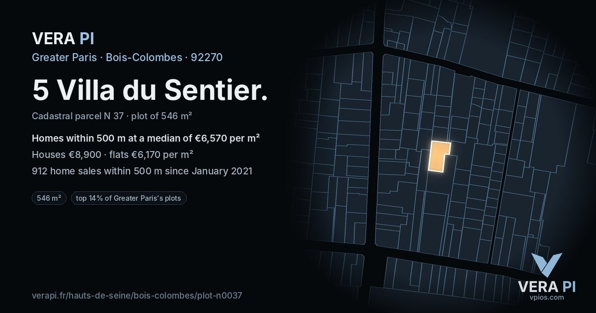 5 Villa du Sentier, Bois-Colombes at night – the plot lit, the parcels around coloured by the prices near them