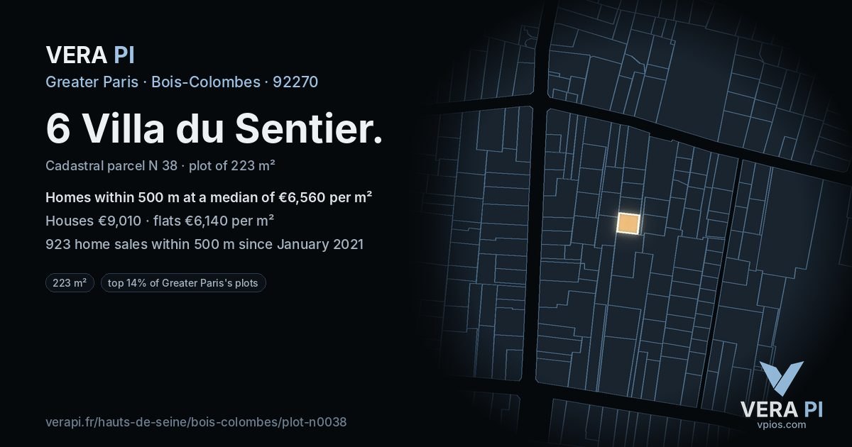 6 Villa du Sentier, Bois-Colombes at night – the plot lit, the parcels around coloured by the prices near them