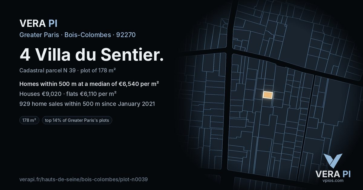 4 Villa du Sentier, Bois-Colombes at night – the plot lit, the parcels around coloured by the prices near them