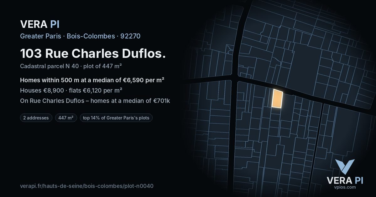103 Rue Charles Duflos, Bois-Colombes at night – the plot lit, the parcels around coloured by the prices near them