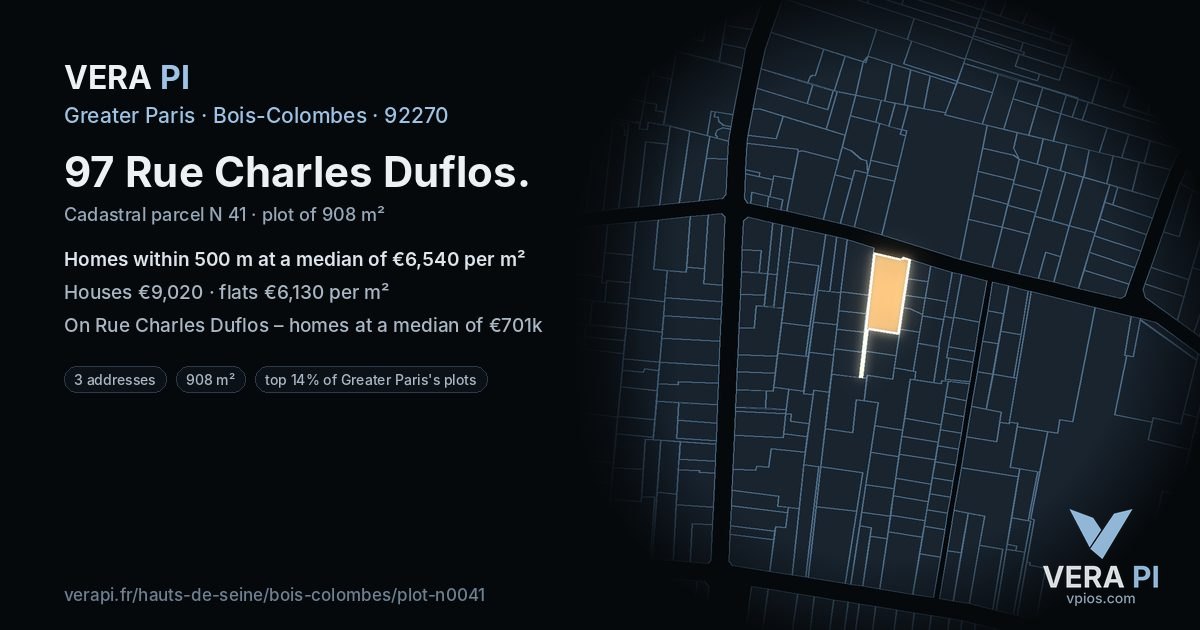 97 Rue Charles Duflos, Bois-Colombes at night – the plot lit, the parcels around coloured by the prices near them
