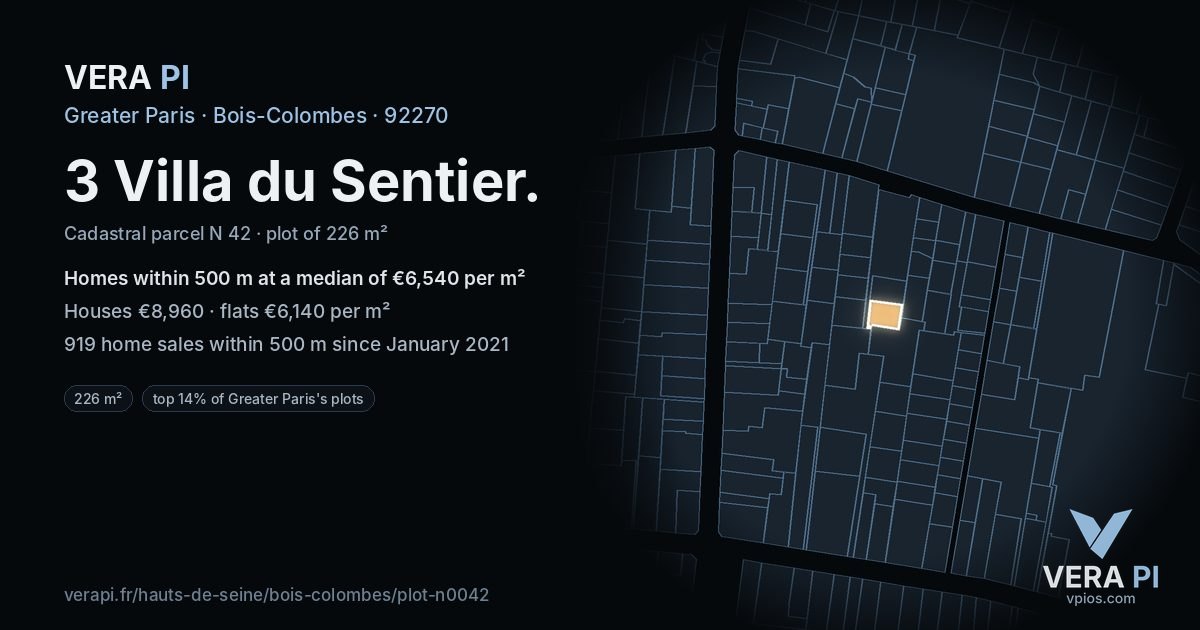 3 Villa du Sentier, Bois-Colombes at night – the plot lit, the parcels around coloured by the prices near them