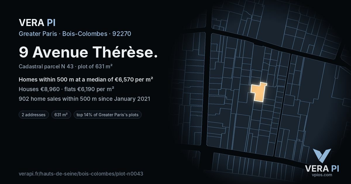 9 Avenue Thérèse, Bois-Colombes at night – the plot lit, the parcels around coloured by the prices near them