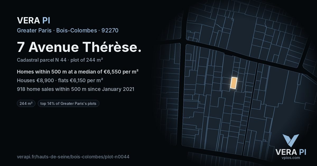 7 Avenue Thérèse, Bois-Colombes at night – the plot lit, the parcels around coloured by the prices near them