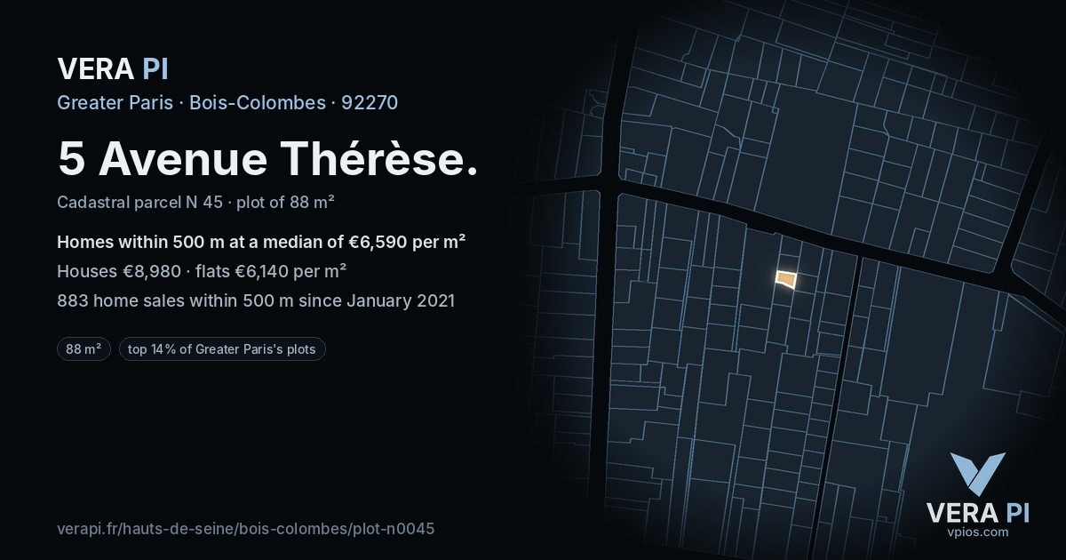 5 Avenue Thérèse, Bois-Colombes at night – the plot lit, the parcels around coloured by the prices near them