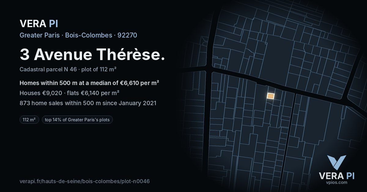 3 Avenue Thérèse, Bois-Colombes at night – the plot lit, the parcels around coloured by the prices near them