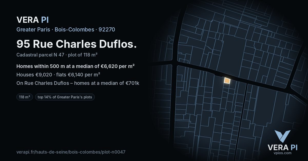 95 Rue Charles Duflos, Bois-Colombes at night – the plot lit, the parcels around coloured by the prices near them