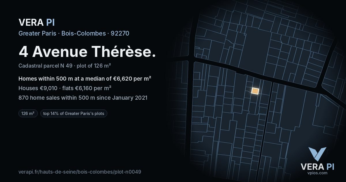 4 Avenue Thérèse, Bois-Colombes at night – the plot lit, the parcels around coloured by the prices near them