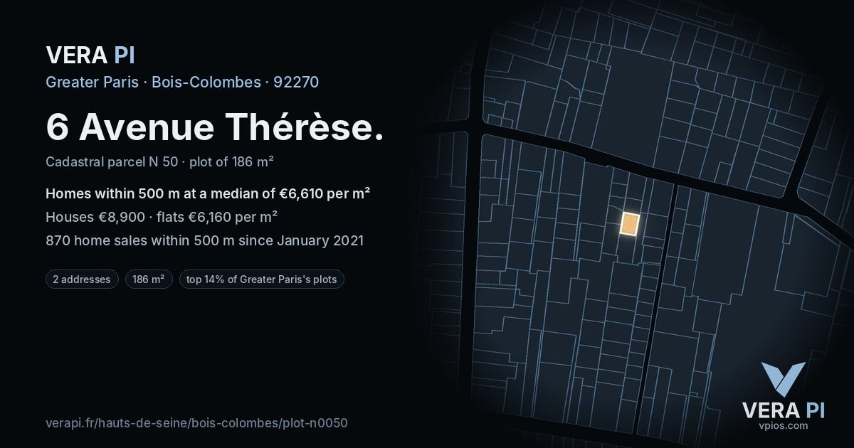 6 Avenue Thérèse, Bois-Colombes at night – the plot lit, the parcels around coloured by the prices near them