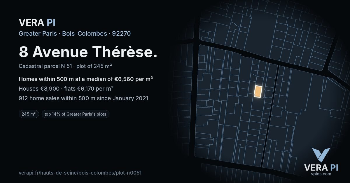 8 Avenue Thérèse, Bois-Colombes at night – the plot lit, the parcels around coloured by the prices near them