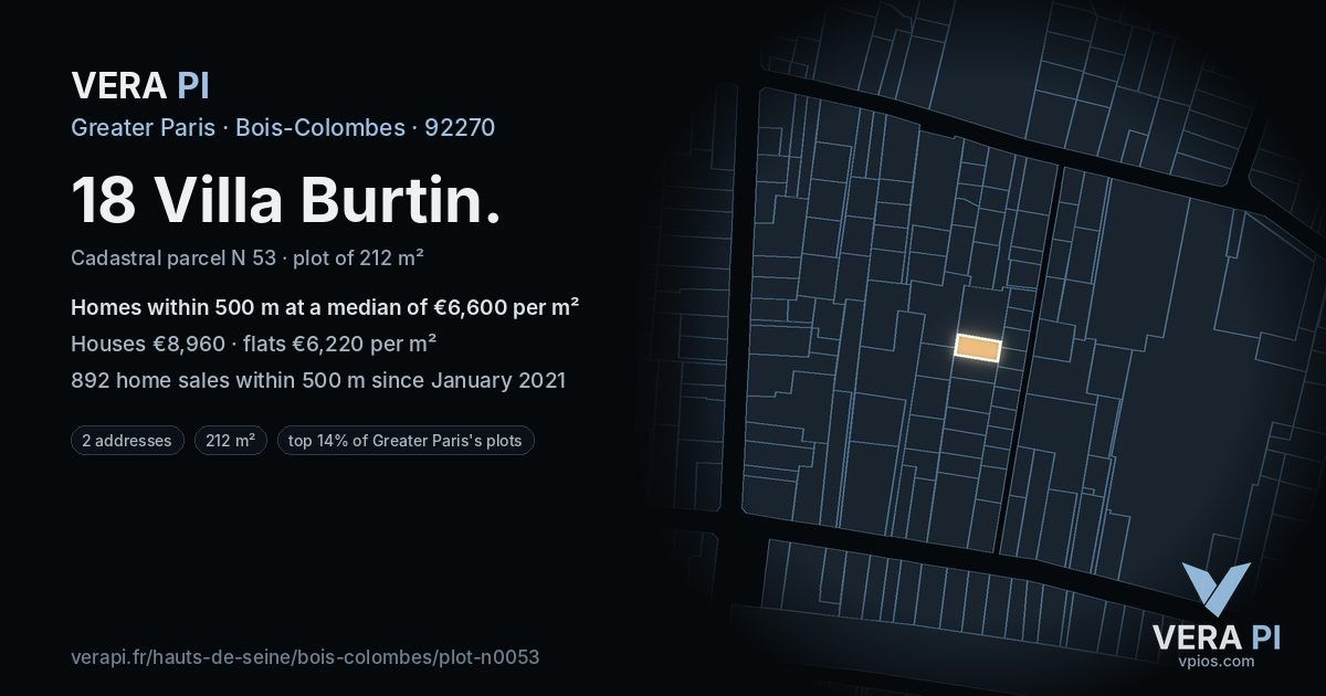 18 Villa Burtin, Bois-Colombes at night – the plot lit, the parcels around coloured by the prices near them