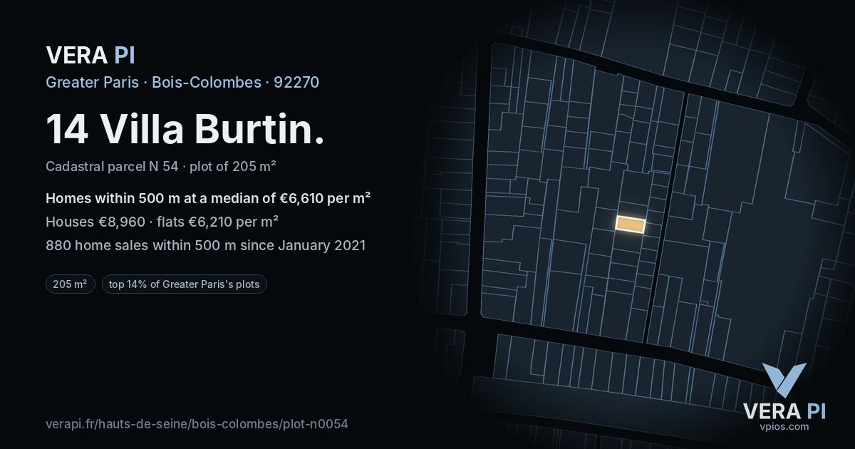 14 Villa Burtin, Bois-Colombes at night – the plot lit, the parcels around coloured by the prices near them