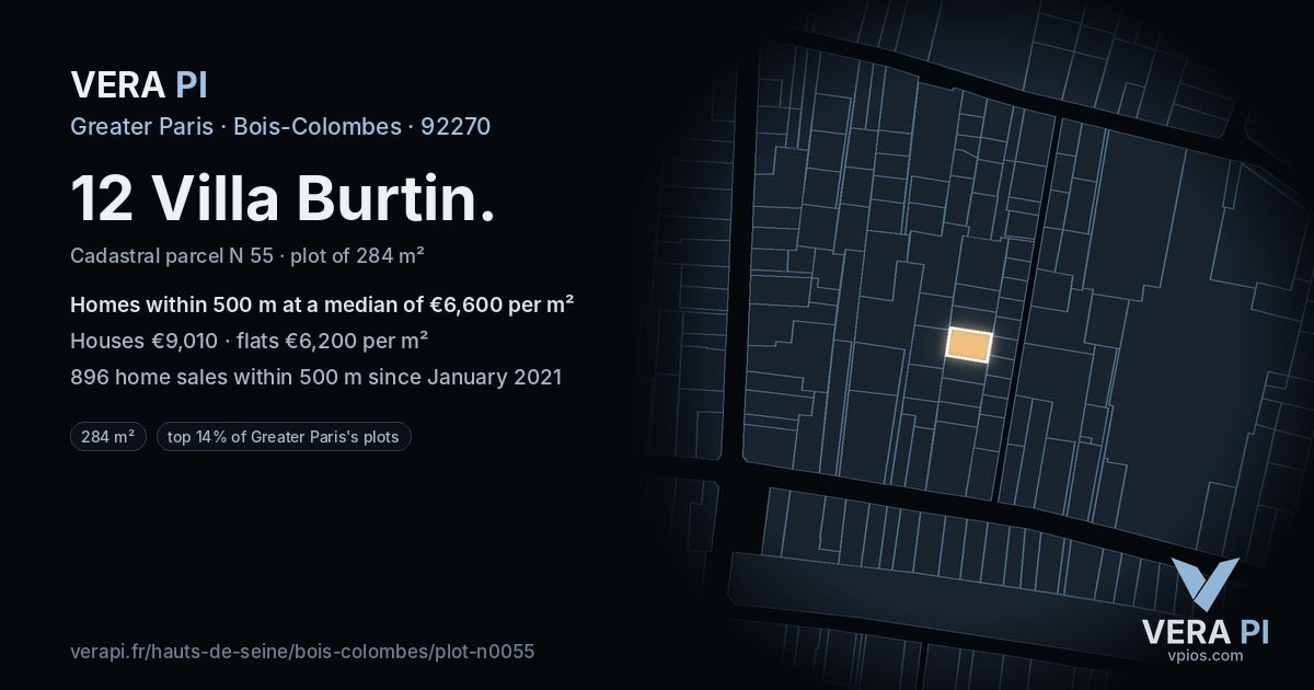 12 Villa Burtin, Bois-Colombes at night – the plot lit, the parcels around coloured by the prices near them