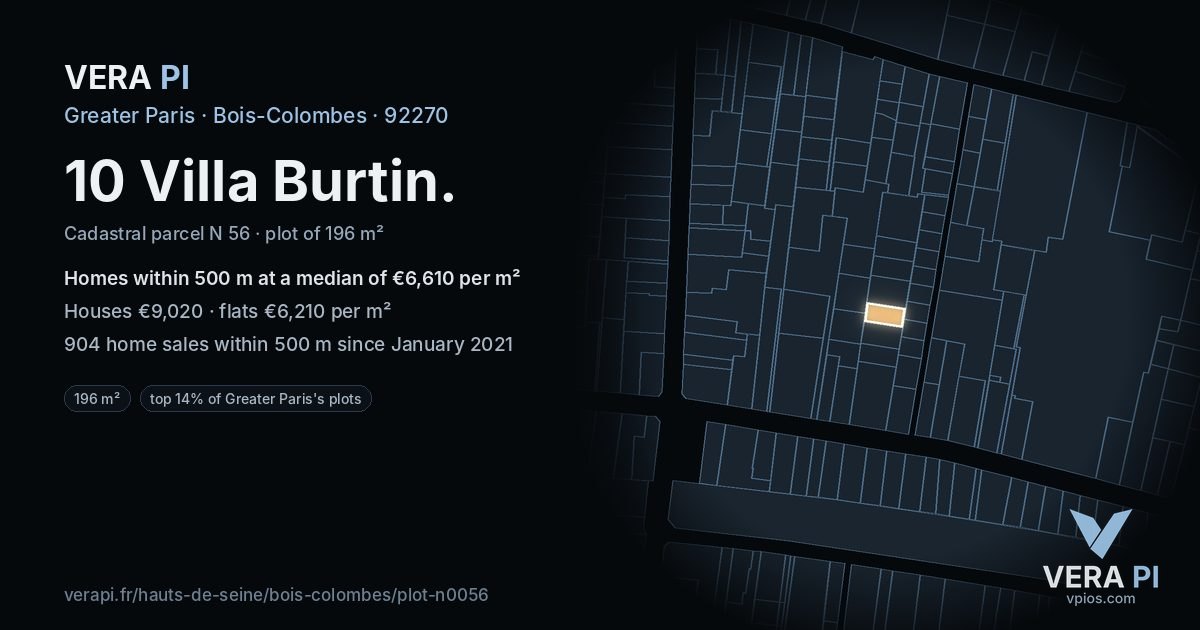 10 Villa Burtin, Bois-Colombes at night – the plot lit, the parcels around coloured by the prices near them