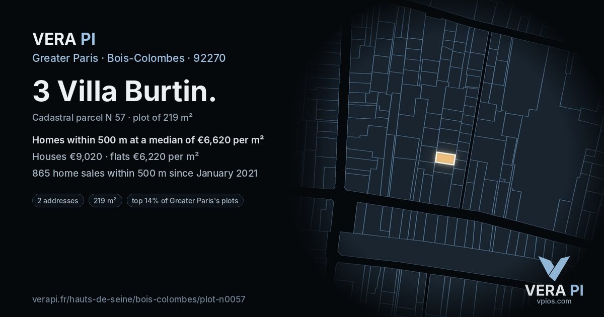3 Villa Burtin, Bois-Colombes at night – the plot lit, the parcels around coloured by the prices near them