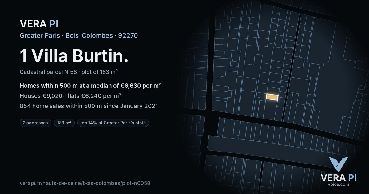1 Villa Burtin, Bois-Colombes at night – the plot lit, the parcels around coloured by the prices near them