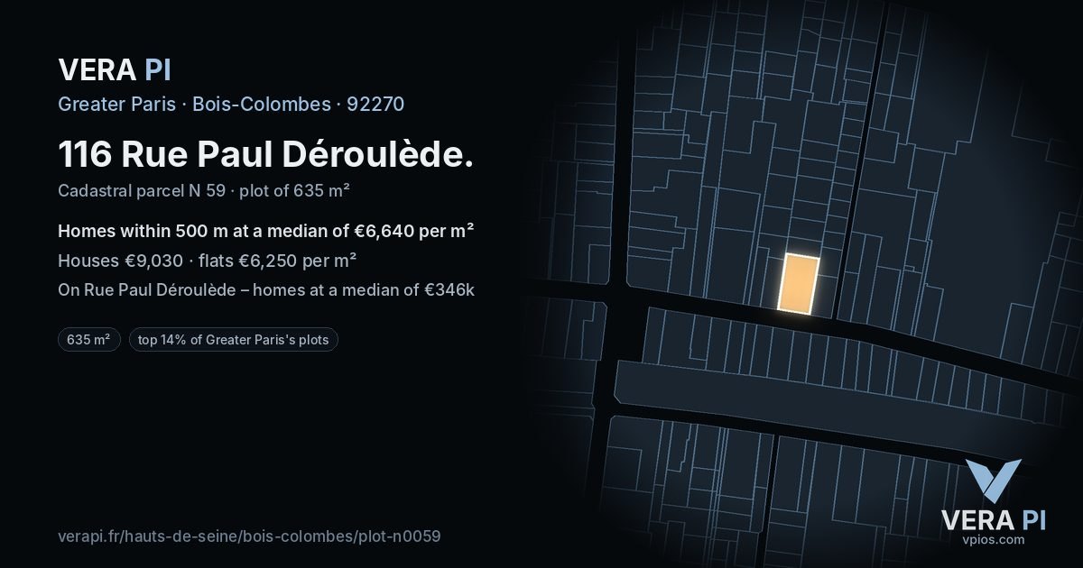 116 Rue Paul Déroulède, Bois-Colombes at night – the plot lit, the parcels around coloured by the prices near them