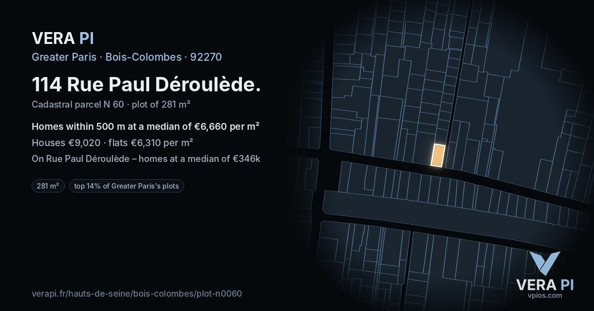 114 Rue Paul Déroulède, Bois-Colombes at night – the plot lit, the parcels around coloured by the prices near them