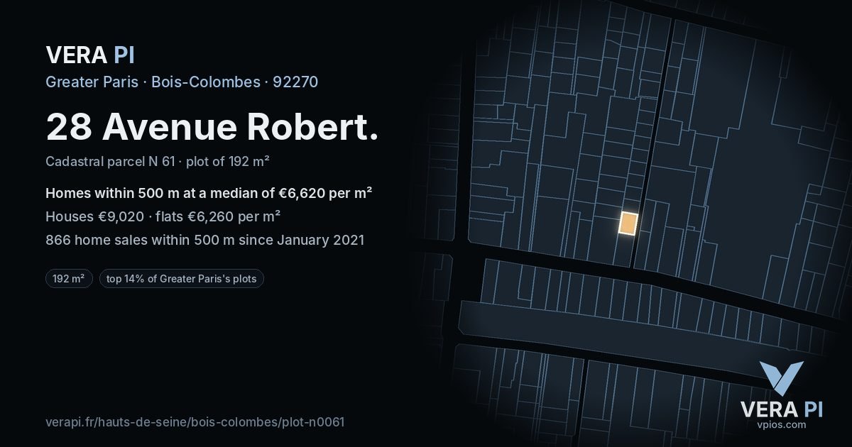 28 Avenue Robert, Bois-Colombes at night – the plot lit, the parcels around coloured by the prices near them
