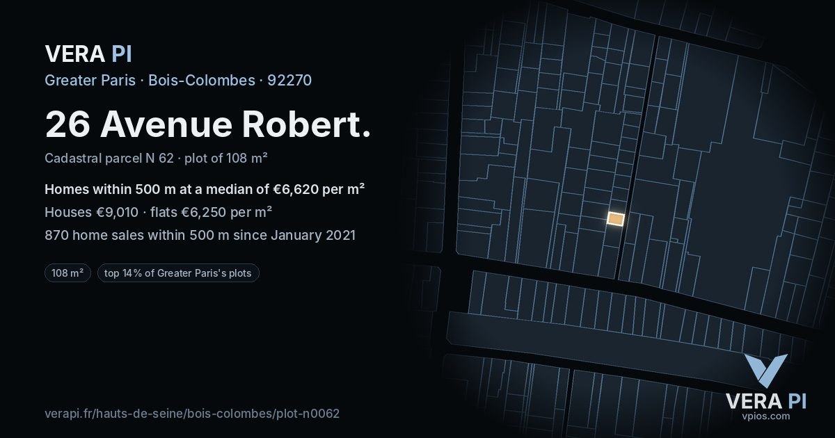 26 Avenue Robert, Bois-Colombes at night – the plot lit, the parcels around coloured by the prices near them